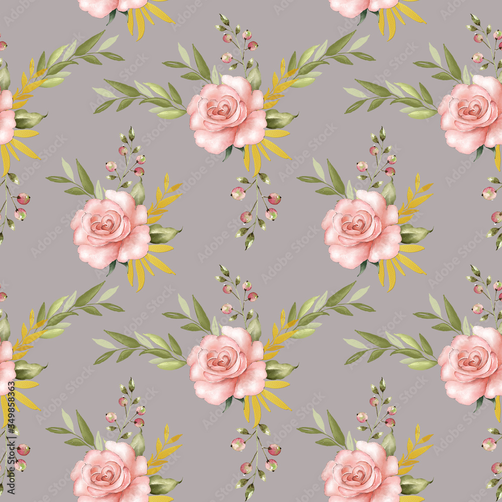 pattern with pale pink bouquets of roses on a gray background, close-up