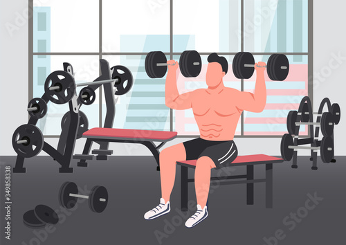Bodybuilding exercise flat color vector illustration. Strong sportsman lifting dumbbells 2D cartoon character with gym on background. Weightlifting training, exercising in fitness center