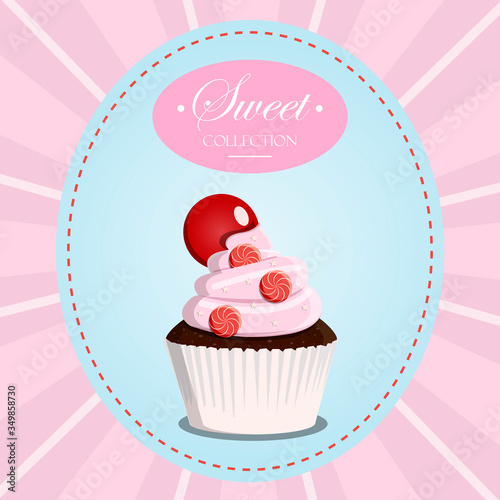 Cupcake with topping in a retro style with a geometric background and retro elements. Vector greeting card for a birthday or holiday. Dessert for a website  bakery  menu  or pastry shop