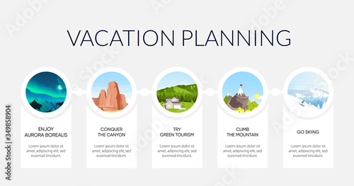Vacation planning flat color vector informational infographic template. Active tourism. Poster, booklet, PPT page concept design with cartoon landscapes. Advertising flyer, leaflet, info banner idea