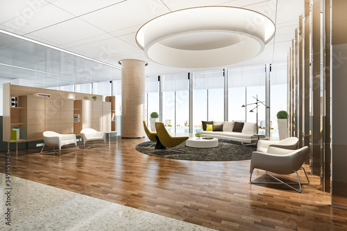 3d renering elegant lounge lobby area and library with working desk
