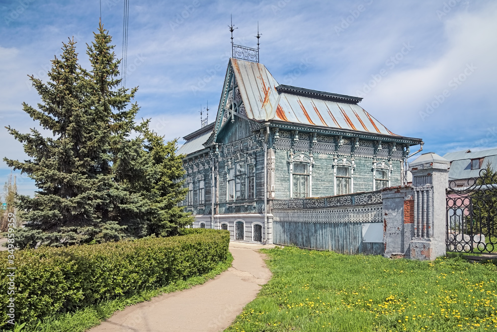 Syzran, Russia. Former mansion of merchant Martinian Tchernukhin. The wooden house in style of the Russian North was built in 1908-1910.