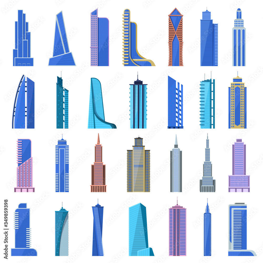 Modern skyscrapers. City office buildings, glass architecture skyscrapers. Urban cityscape tall buildings isolated vector illustration icons set