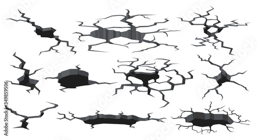 Soil cracks texture. Earthquake cracked surface hole, damaged craquelure ground effects. Damage earth cracks vector illustration icons set. Surface earthquake, texture, earth collapse dry
