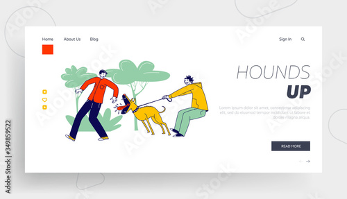 Animal Barking Trying to Bite Man on Street Landing Page Template. Scared Passerby Male Character Dash Aside of Dog Attack. Owner Holding Aggressive Pet on Leash. Linear People Vector Illustration