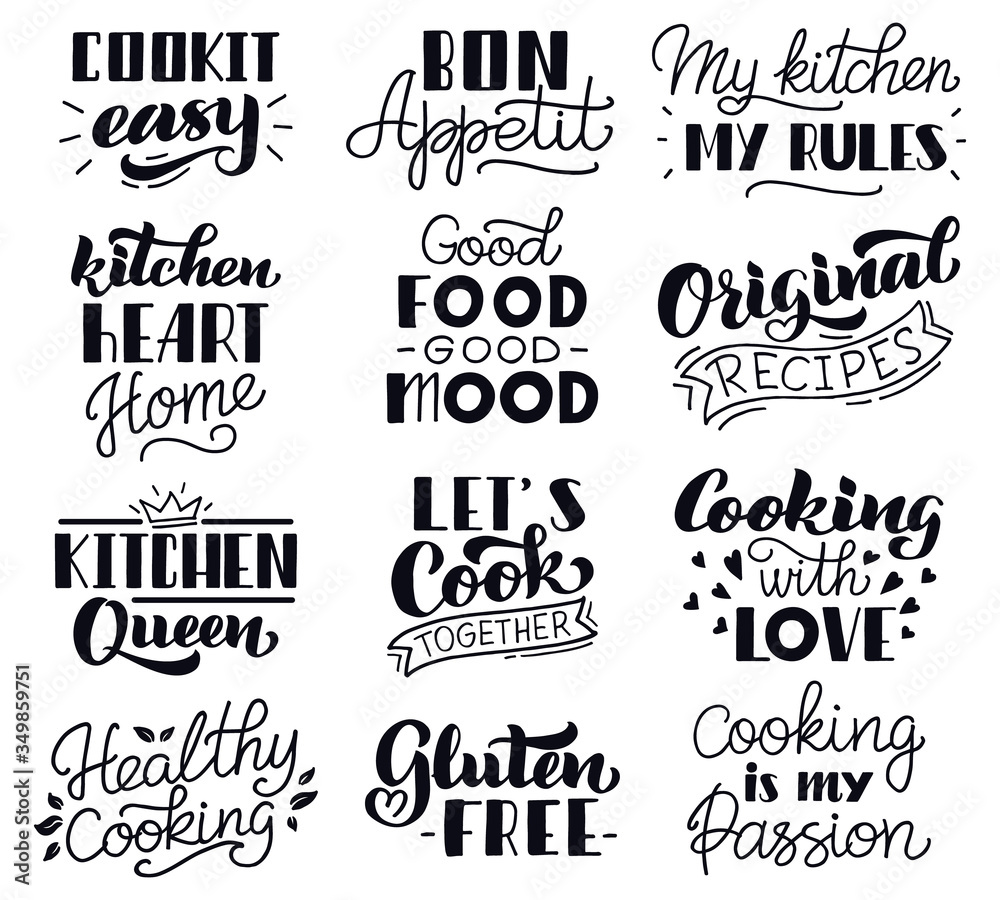 Food cooking lettering. Kitchen hand drawn typography lettering, food cooking recipes written phrases vector isolated icons set. Cook lettering hand drawn typography, written phrase illustration