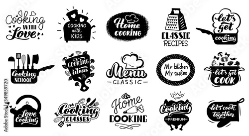 Cooking lettering badges. Kitchen gourmet recipes, hand drawn food lettering labels. Cooking foods concept elements vector isolated icons set
