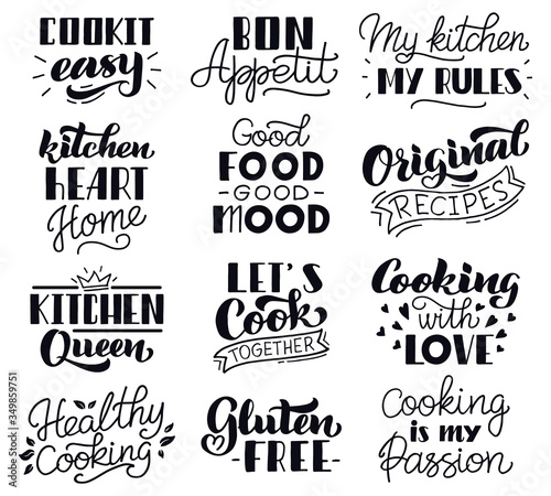 Food cooking lettering. Kitchen hand drawn typography lettering, food cooking recipes written phrases vector isolated icons set. Cook lettering hand drawn typography, written phrase illustration