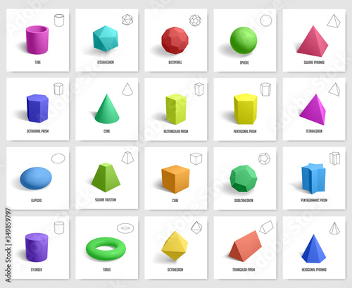 Realistic 3d geometric shapes. Basic geometry prism, cube, cylinder figures, geometric polygon and hexagon shapes vector illustration icons set. 3d cube shape geometric form