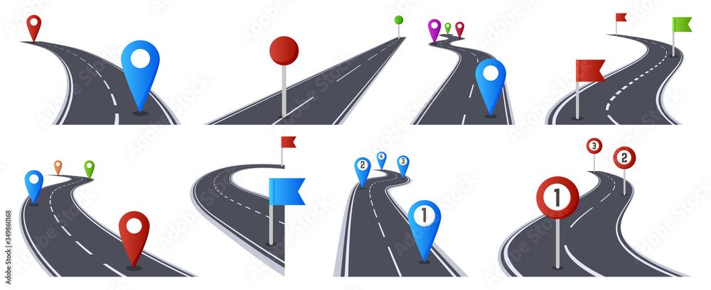 Roadmap with pins. Bending asphalt roads navigation infographic, marked route, way direction road isolated vector illustration set. Road path way, roadmap infographic line, asphalt graphic Roadmap with pins. Bending asphalt roads navigation infographic, marked route, way direction road isolated vector illustration set. Road path way, roadmap infographic line, asphalt graphic