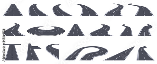 Road perspective view. Curving highway roads, bend asphalt roads in perspective. Turn town urban roads isolated vector illustration set. Road highway, asphalt to transportation, line view turn