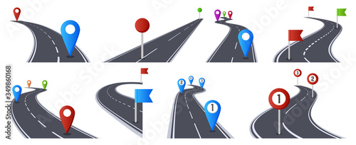 Roadmap with pins. Bending asphalt roads navigation infographic, marked route, way direction road isolated vector illustration set. Road path way, roadmap infographic line, asphalt graphic