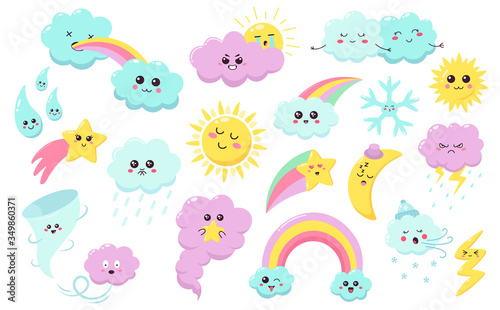 Hand drawn weather phenomena. Cute sun, clouds rainbow, weather characters, baby star, snowflake and wind lated vector symbols set. Sun and cloud weather, rainbow and rain doodle happy illustration © WinWin