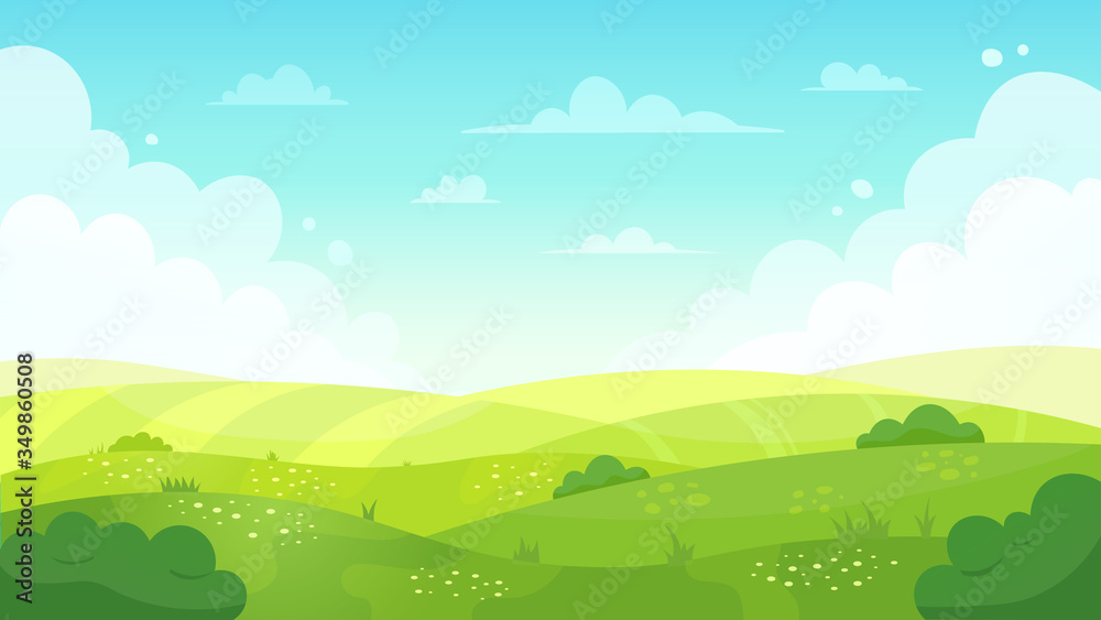 Cartoon meadow landscape. Summer green fields view, spring lawn hill and blue sky, green grass fields landscape vector background illustration. Field grass, meadow landscape spring or summer