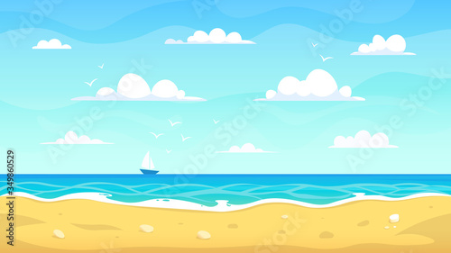Cartoon beach landscape. Summer ocean sandy seashore, vacation tropical view, sea nature paradise landscape vector background illustration. Coast and seaside, shore outdoor, season summer