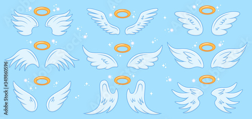 Angel wings. Cartoon angels wing and nimbus, winged angel holy sign, heaven elegant angel wings vector illustration icons set. Angel, wings with holy nimbus, symbol wing isolated