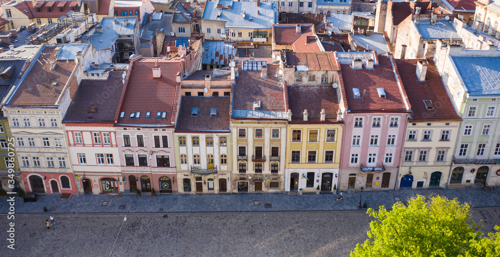 View on Lviv Market square from drone