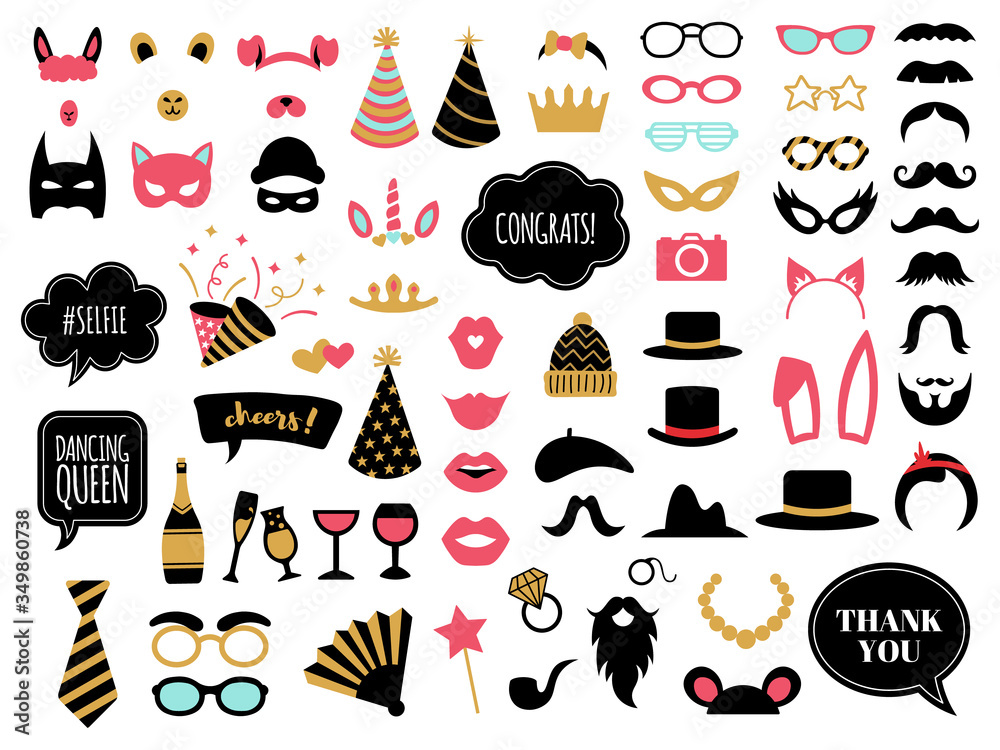 Photobooth accessories. Wedding day celebrations props, glasses, mustache and bunny ears, photo props decoration vector illustration symbols set. Photobooth moustache, congrats tag and champagne