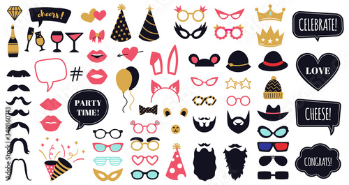 Photobooth party props. Funny face masks, glasses, crown, beard and bunny ears, celebration day speech bubble frames vector illustration set. Masquerade costume collection, beard and haircut
