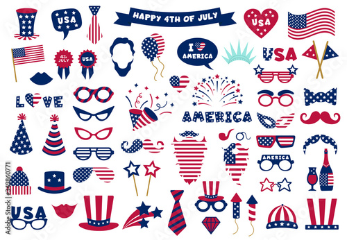 Photobooth USA patriotic props. Celebration photobooth mask, American glasses, mustache and hat, photo props vector symbols set. American party, mask booth independence holiday illustration