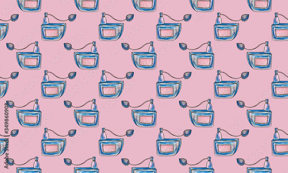 Seamless pattern with hand drawn perfume bottles. Beauty and fashion accessory