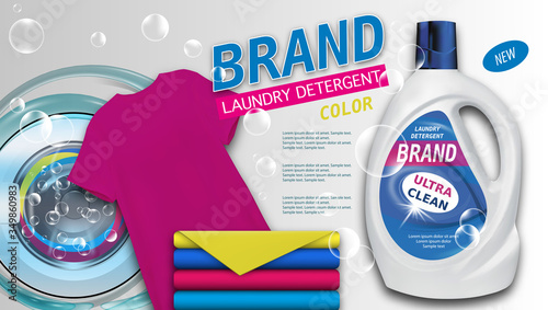 Laundry detergent in plastic container on light background, clean color towels and t-shirt. Package design for Liquid Detergents ads with washing machine. Branded fabric softener, conditioner.