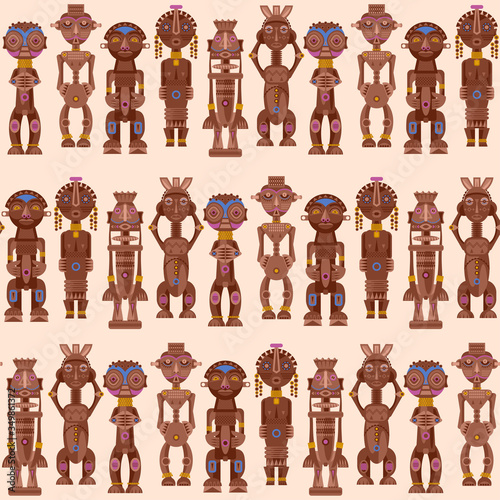 African ritual wooden sculptures. Seamless background pattern.
