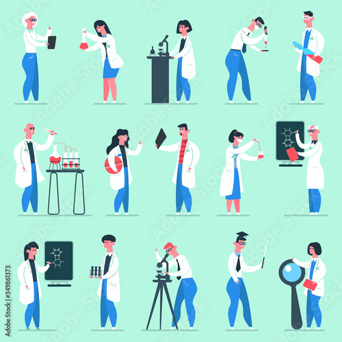 Science characters. Lab people, chemical scientist researchers lab coats, chemistry clinic laboratory workers isolated vector illustration set. Lab chemical, research scientist, chemistry experiment