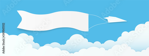 Plane paper and cloud speech bubble on blue sky. Copy space with white blank hanging. paper art vector illustration