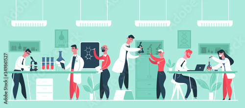 Science research laboratory. Chemical scientist researchers in lab coats, lab worker clinic experiments isolated vector illustration. Research scientist, chemist laboratory, chemical and medical