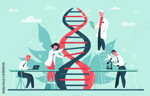 Genetic DNA research. Lab genome and DNA code science researches, scientist professor CRISPR CAS9 gene edits vector illustration. Research dna, biotechnology laboratory, gene medical