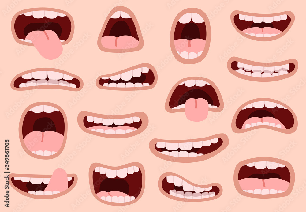 Funny cartoon mouths. Comic hand drawn mouth, smiling artistic facial expressions, caricature lips emotions vector illustration symbols set. Artistic grimace and caricature positive mouth Funny cartoon mouths. Comic hand drawn mouth, smiling artistic facial expressions, caricature lips emotions vector illustration symbols set. Artistic grimace and caricature positive mouth