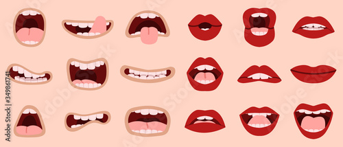 Cartoon cute mouth. Hand drawn comic mouths and lips, laughing with teeth and showing tongues caricature mouths vector illustration icons set. Makeup lip, tongue sticking, romantic and shouting