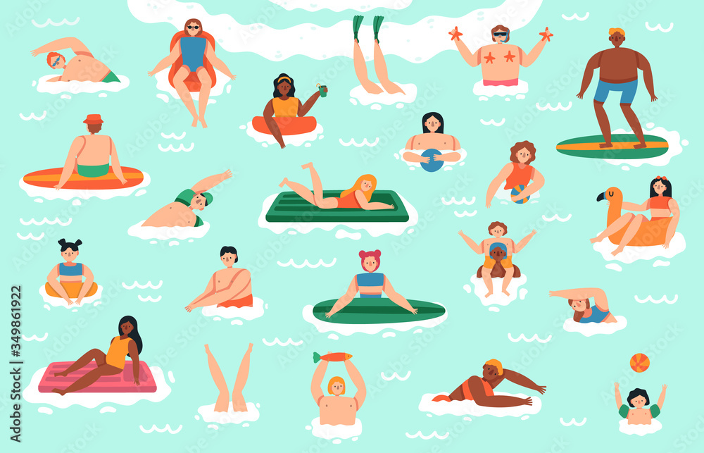Sea swim characters. People ocean swimming, diving, surfing and sunbathing, vacation water activities vector illustration set. Summer vacation, summertime cartoon leisure
