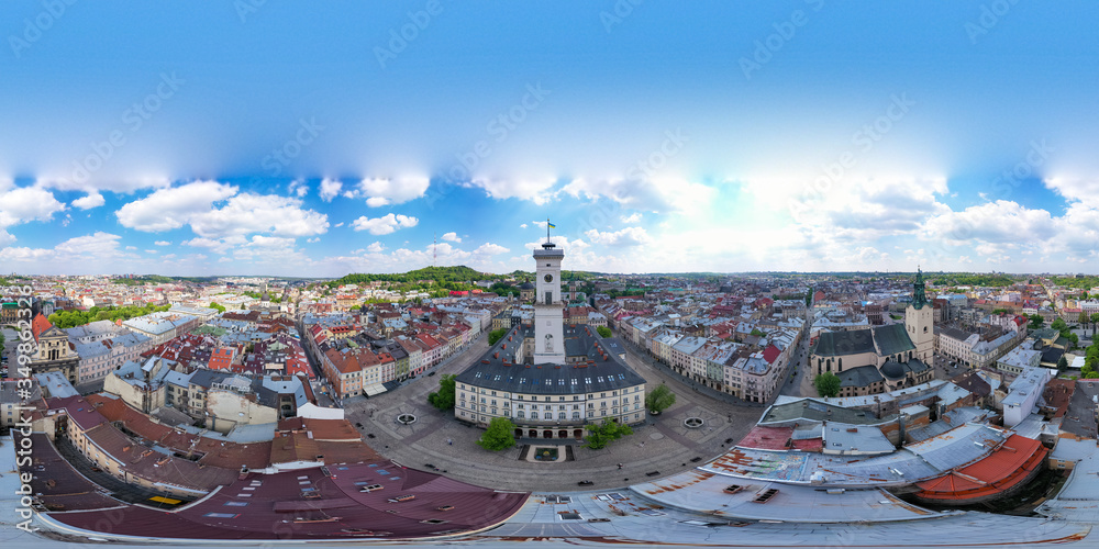 Fototapeta premium aerial view on Lviv city hall from drone