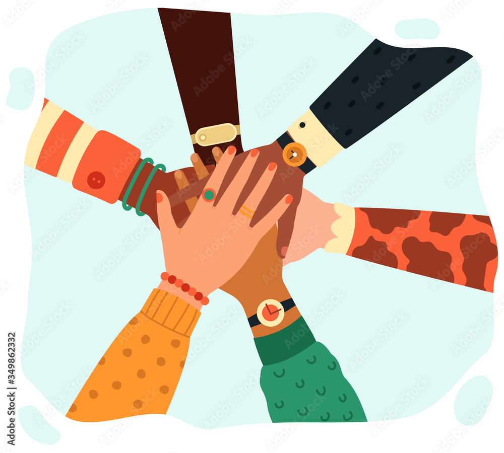 Hands putting together. People group putting hands teamwise, partnership, teamwork, unity and friendship concept isolated vector illustration. Hands together partnership, work success