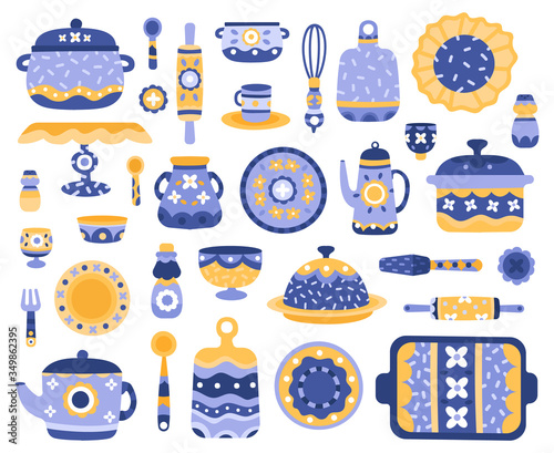 Cartoon ceramic crockery. Kitchen cookware, porcelain tableware, dishes, teapot, serving crockery vector illustration icons set. Porcelain crockery, cookware ceramic, kitchen dishware