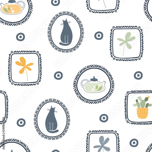 Colored Cat, Cactus, Leaf and Teapot in frames isolated on white backdrop. Everyday life. Scandinavian style seamless pattern. Cartoon kid's print for textile, wallpaper, wrapping paper, flat design.