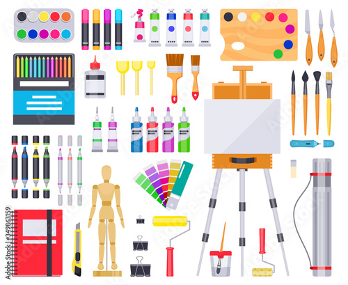 Art supplies. Painting and drawing materials, creative art tools, artistic supplies, paints, brushes and sketchbook vector illustration icons set. Art palette, paintbrush and education creativity