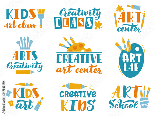 Creative art lettering. Kids art class or studio handwritten labels, children creativity center calligraphic elements vector illustration set. Art center education, paint logo artistic school