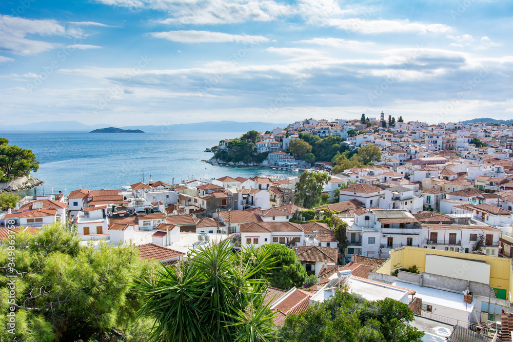 The greek town of Skiathos seen from a hill on a sunny day. Ocean and harbour are visible in the background.