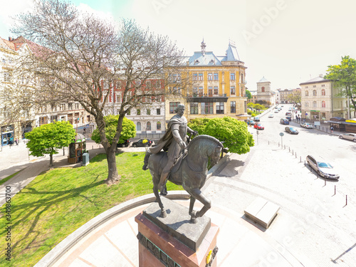 Aerial view on Monument to King Danylo Halytskyi in Lviv, Ukraine from drone