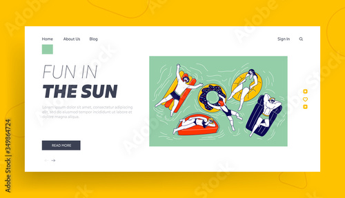 Characters Swimming on Inflatable Mattresses in Ocean, Sea or Swimming Pool Landing Page Template. Diverse People Men and Women Have Fun, Relaxing on Summer Vacation Resort. Linear Vector Illustration