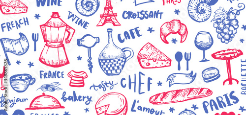 French background, france pattern frame, doodle hand drawn croissant, paris decoration, cafe banner