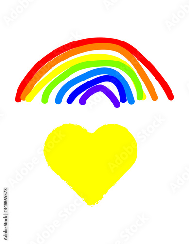 Yellow love heart and rainbow; yellow hearts in windows are being used to remember loved ones lost during the 2020 Coronavirus pandemic (UK)