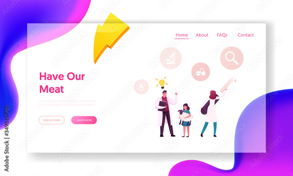 Cultured Meat Development Technology in Lab Landing Page Template. Girl Holding Sheep in Hands. Scientist Male Character Have Great Idea. Woman with Huge Pipette. Cartoon People. Vector Illustration