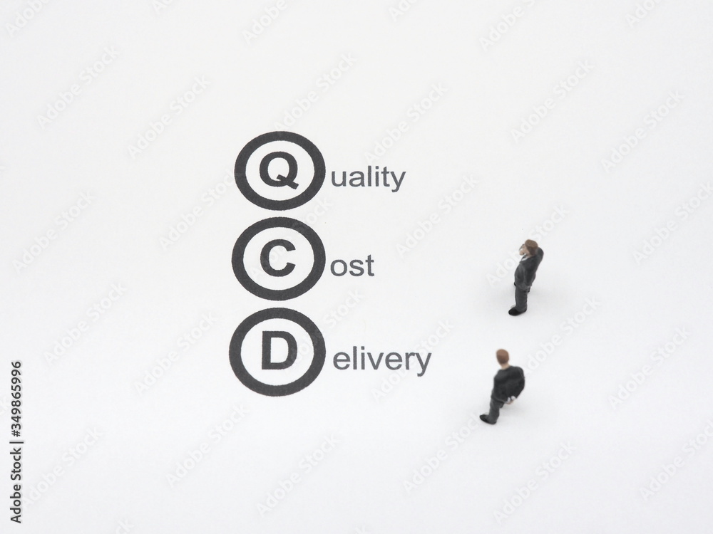 QCD concept image.(Quality,Cost,Delivery text on white background