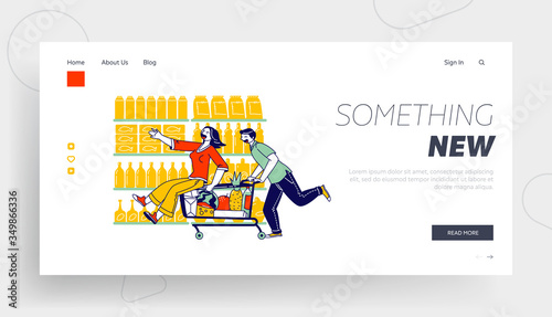 Shoppers Sparetime Landing Page Template. Happy Couple Characters Fool in Supermarket Riding Trolley. Man Pushing Shopping Cart with his Girlfriend Sitting inside. Linear People Vector Illustration