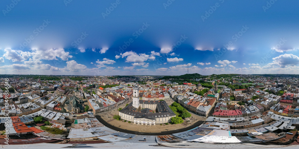 Fototapeta premium aerial view on Lviv city hall from drone