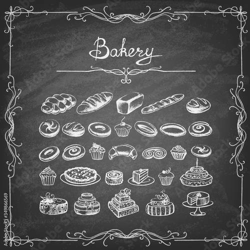 Vintage Bakery Poster. Freehand drawing on the chalkboard, bread and other pastries Retro vintage style food design. Vector illustration.